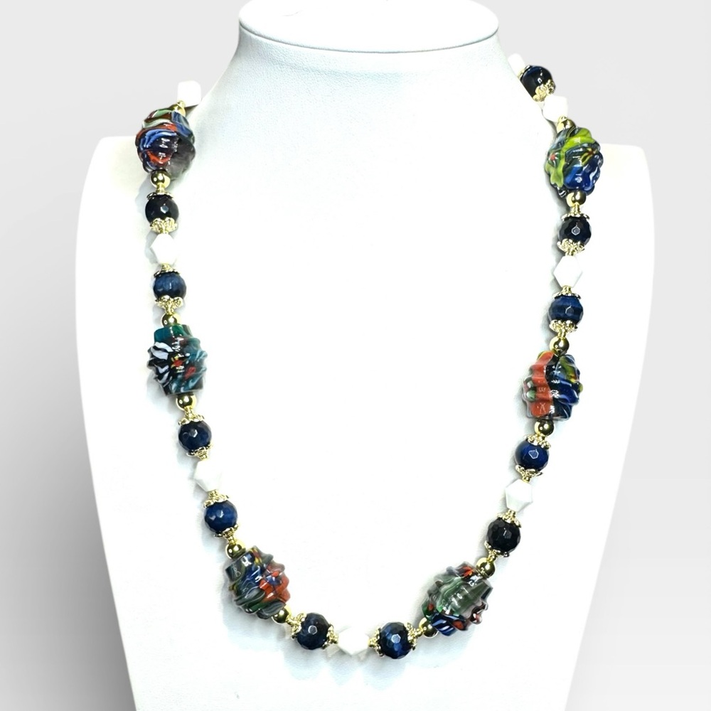 ARTISAN Murano Glass Millefiori, Blue Tiger’s Eye & Vintage Milkglass Necklace - Picture 4 of 16